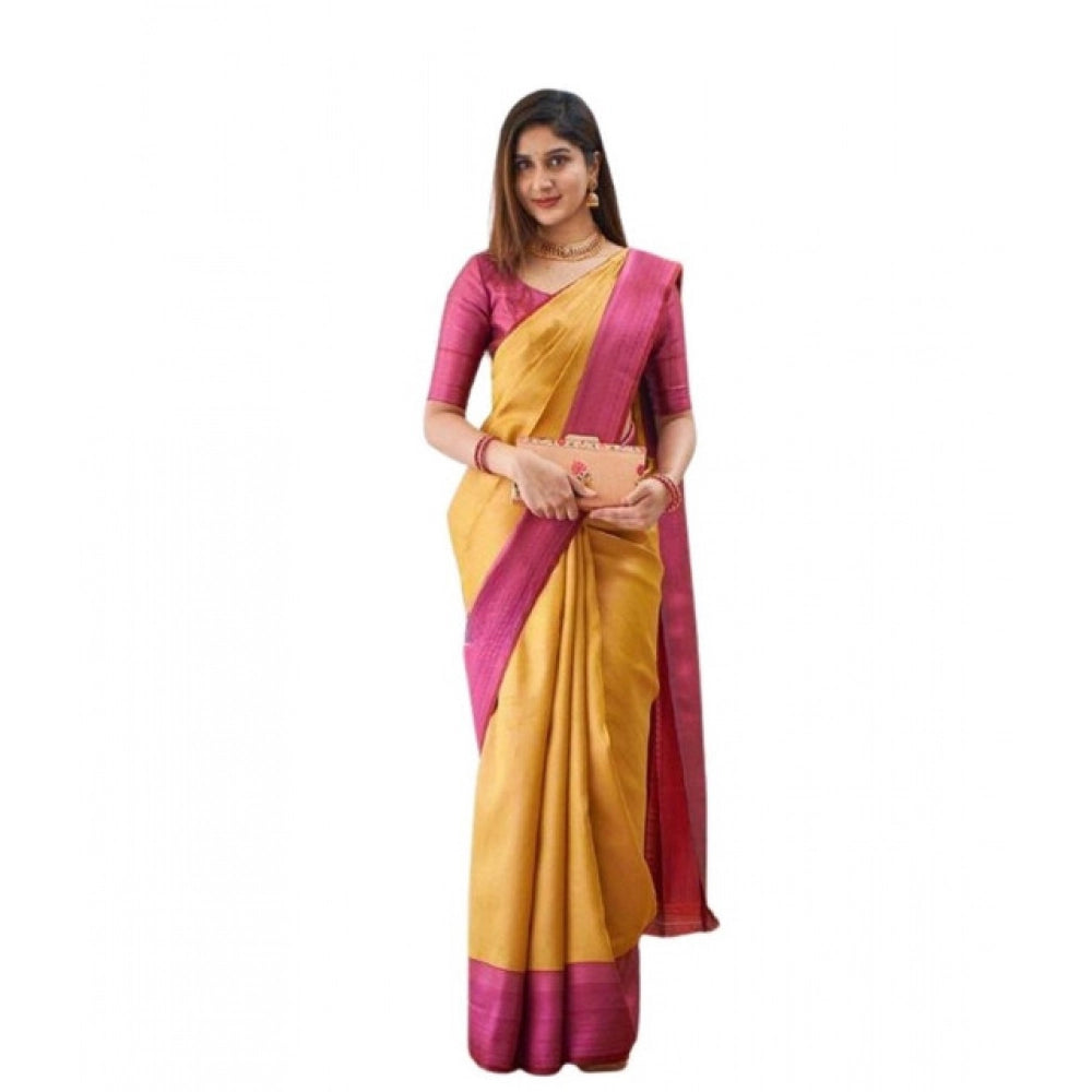 Generic Women's Soft Lichi Silk Printed Saree With Unstitched Blouse 5.5Mtr (Mustard ) Main image