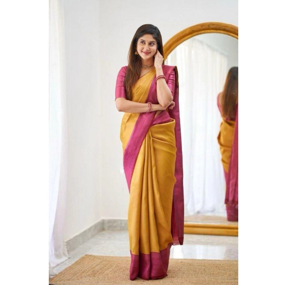 Generic Women's Soft Lichi Silk Printed Saree With Unstitched Blouse 5.5Mtr (Mustard ) Secondary image