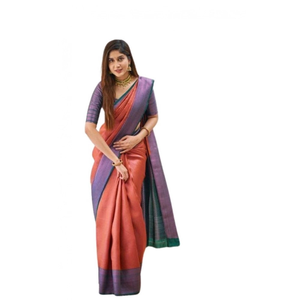 Generic Women's Soft Lichi Silk Printed Saree With Unstitched Blouse 5.5Mtr (Orange) Main image