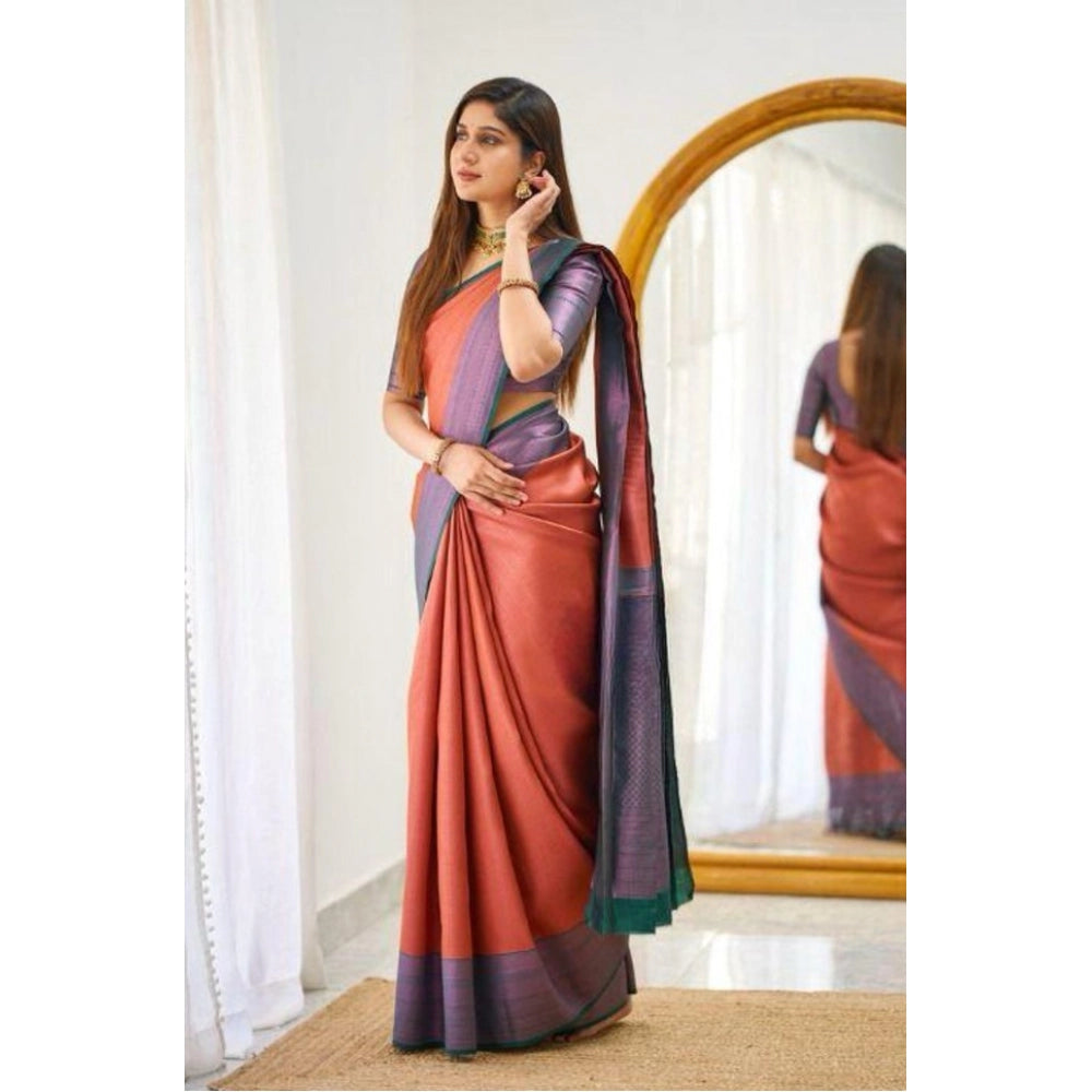 Generic Women's Soft Lichi Silk Printed Saree With Unstitched Blouse 5.5Mtr (Orange) Secondary image