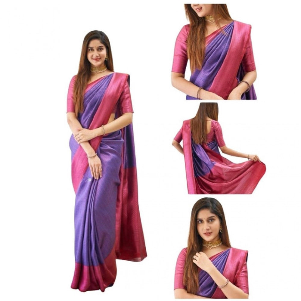 Generic Women's Soft Lichi Silk Printed Saree With Unstitched Blouse 5.5Mtr (Purple) Main image