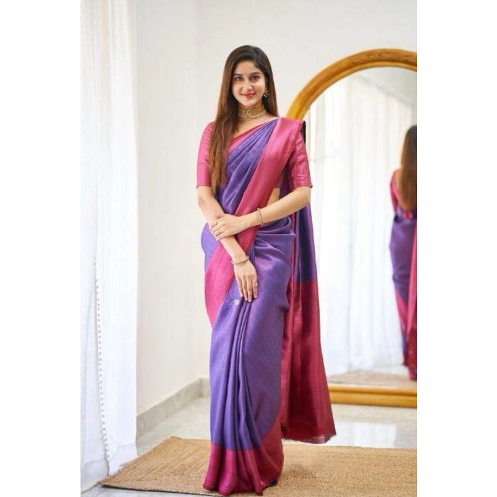 Generic Women's Soft Lichi Silk Printed Saree With Unstitched Blouse 5.5Mtr (Purple) Secondary image