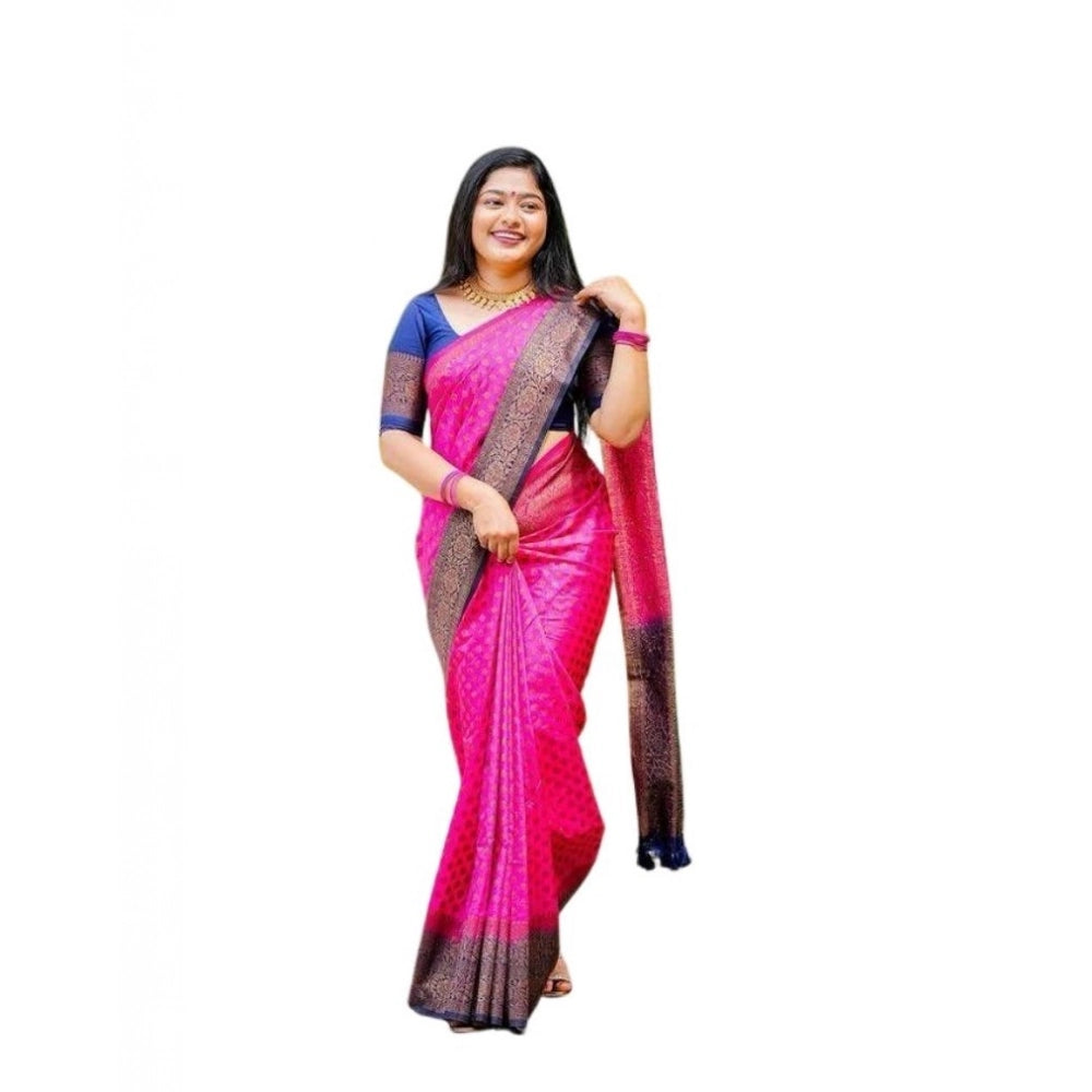 Generic Women's Soft Lichi Silk Printed Saree With Unstitched Blouse 5.5Mtr (Pink) Main image