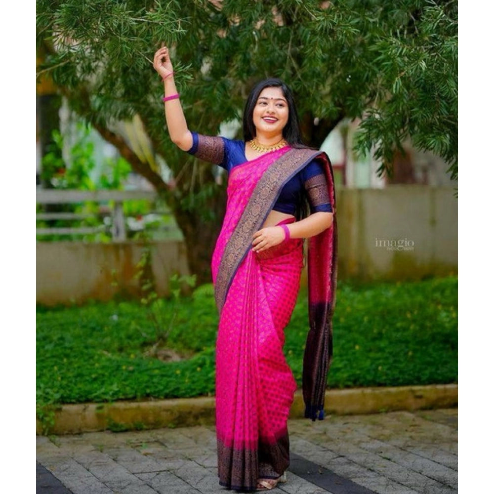 Generic Women's Soft Lichi Silk Printed Saree With Unstitched Blouse 5.5Mtr (Pink) Secondary image