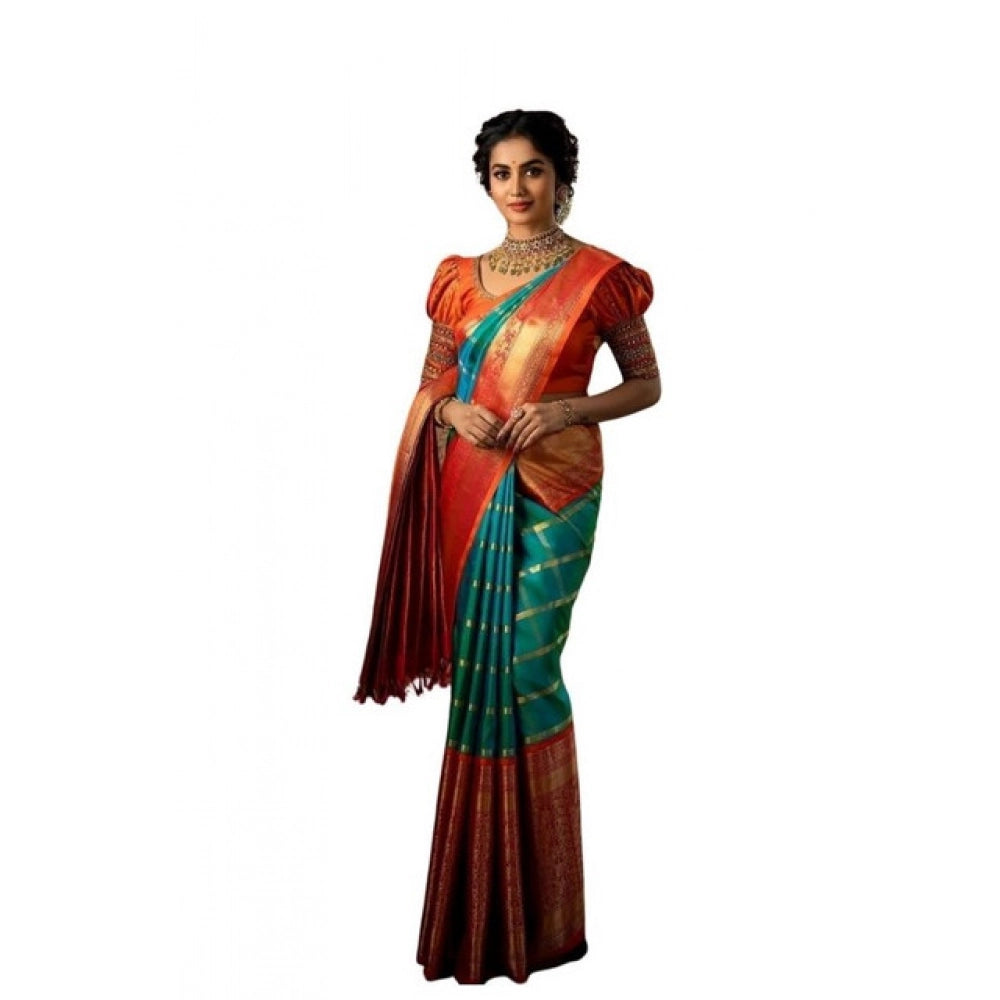Generic Women's Soft Lichi Silk Printed Saree With Unstitched Blouse 5.5Mtr (Green) Main image