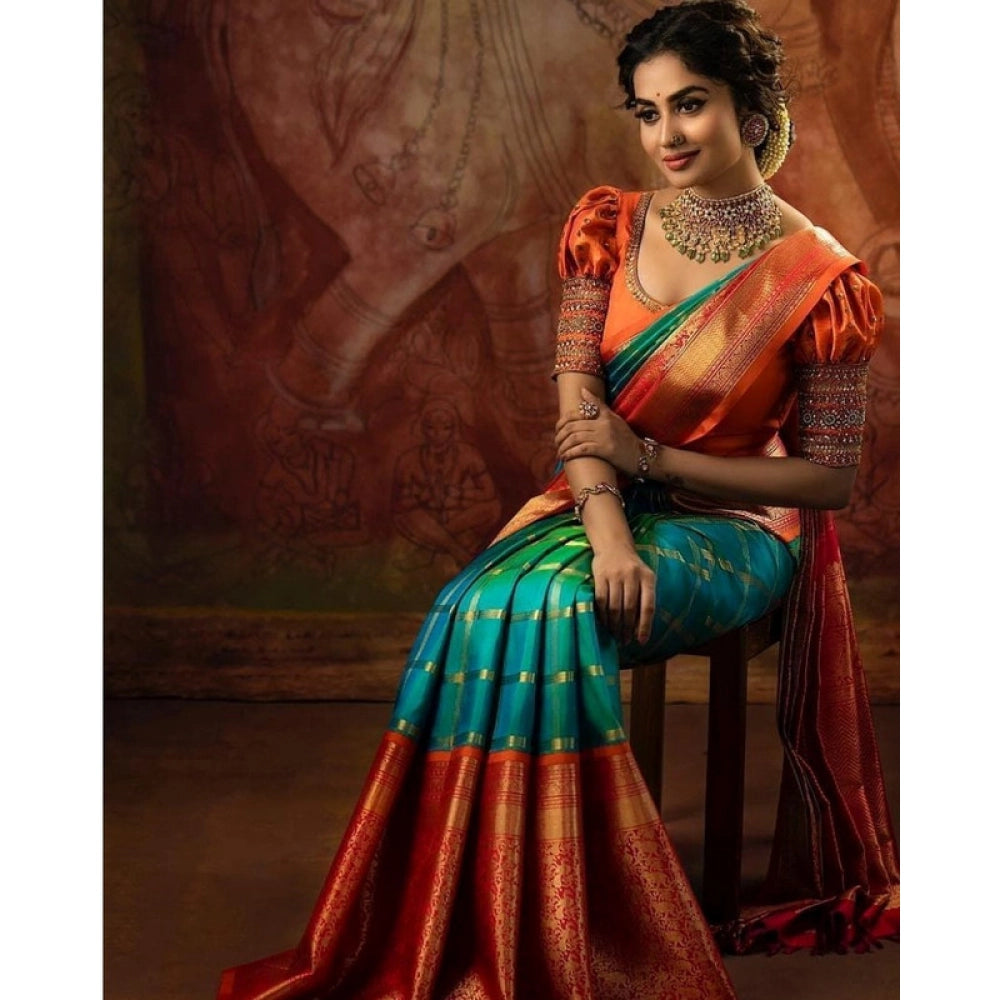 Generic Women's Soft Lichi Silk Printed Saree With Unstitched Blouse 5.5Mtr (Green) Secondary image