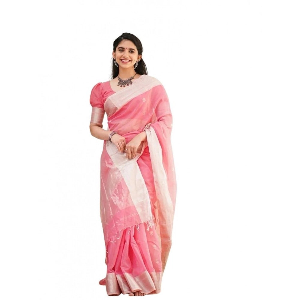 Generic Women's Soft Lichi Silk Printed Saree With Unstitched Blouse 5.5Mtr (Pink) Main image