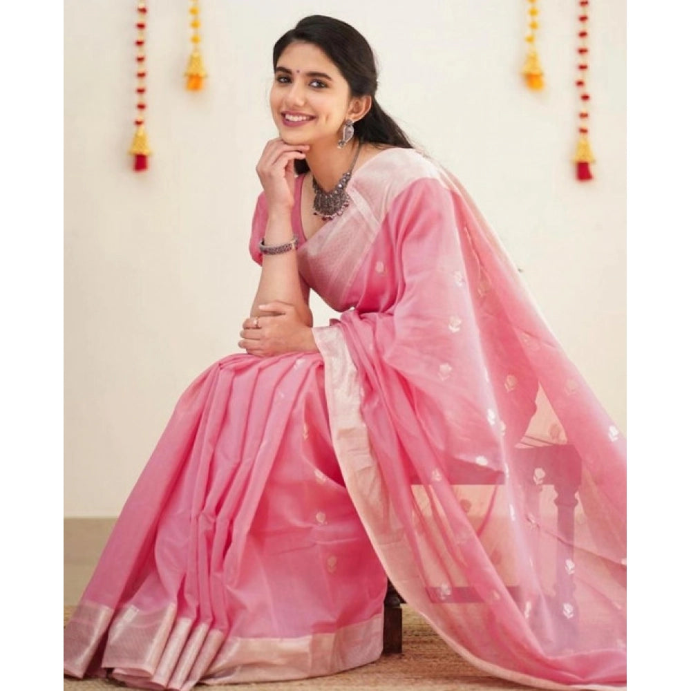 Generic Women's Soft Lichi Silk Printed Saree With Unstitched Blouse 5.5Mtr (Pink) Secondary image