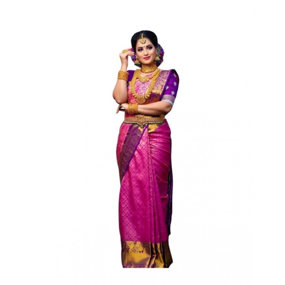 Generic Women's Soft Lichi Silk Printed Saree With Unstitched Blouse 5.5Mtr (Pink) Main image