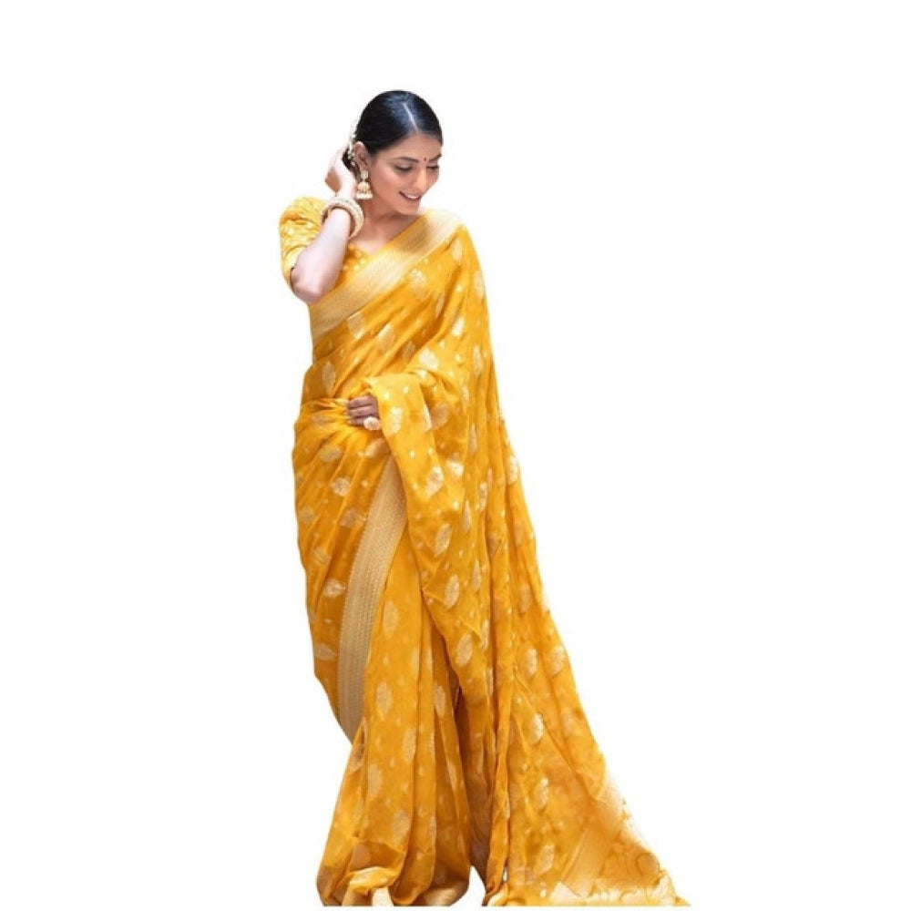 Generic Women's Soft Lichi Silk Printed Saree With Unstitched Blouse 5.5Mtr (Yellow) Main image