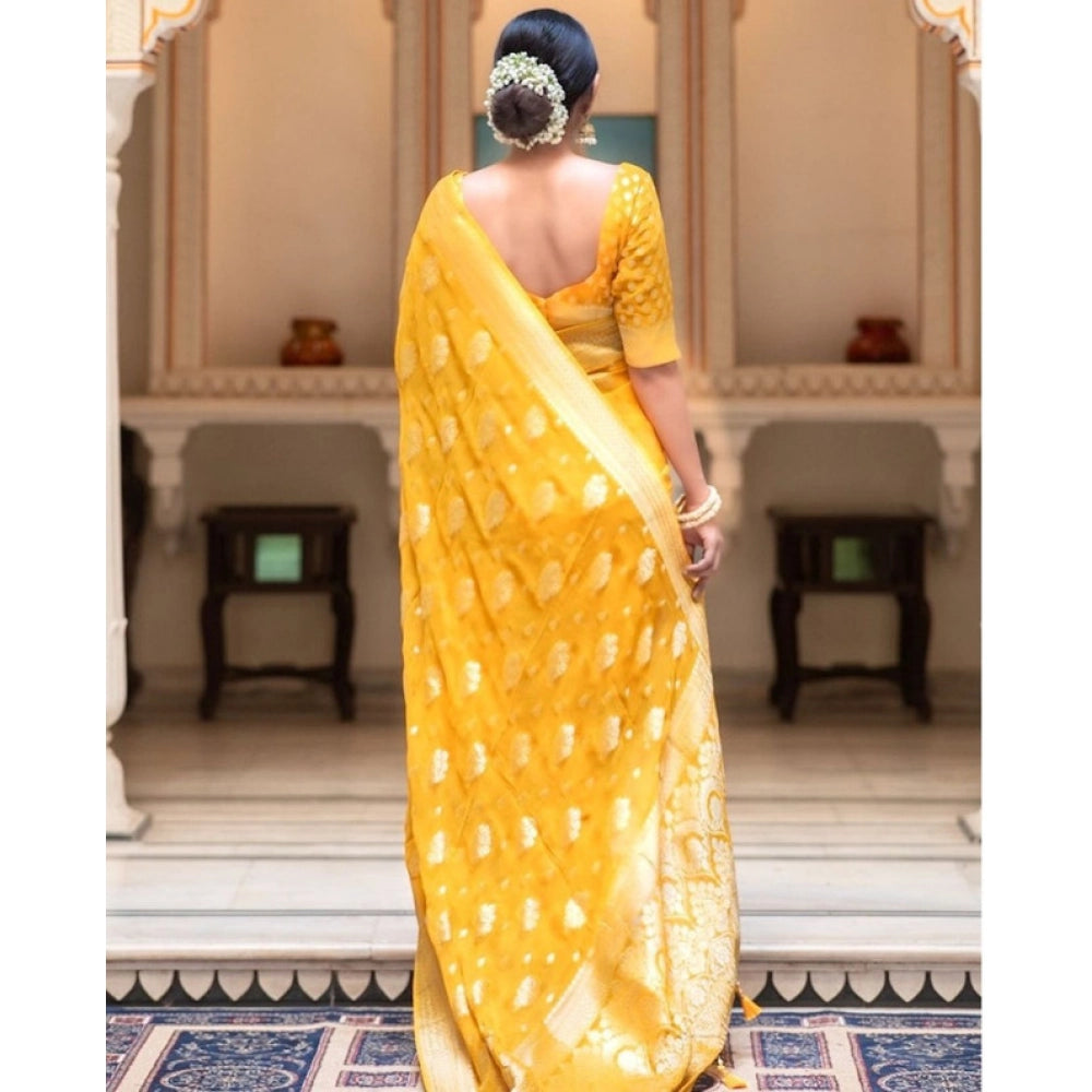Generic Women's Soft Lichi Silk Printed Saree With Unstitched Blouse 5.5Mtr (Yellow) Secondary image