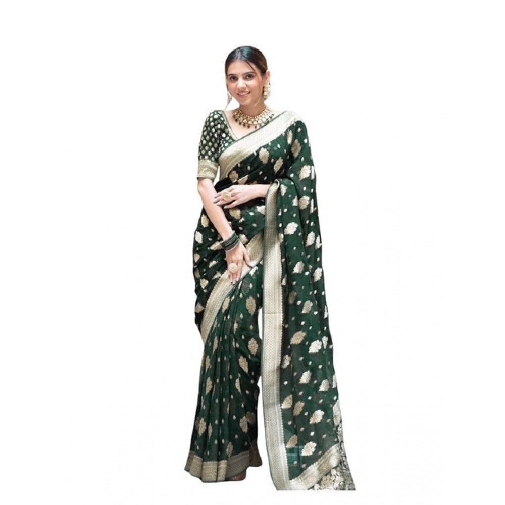 Generic Women's Soft Lichi Silk Printed Saree With Unstitched Blouse 5.5Mtr (Green) Main image