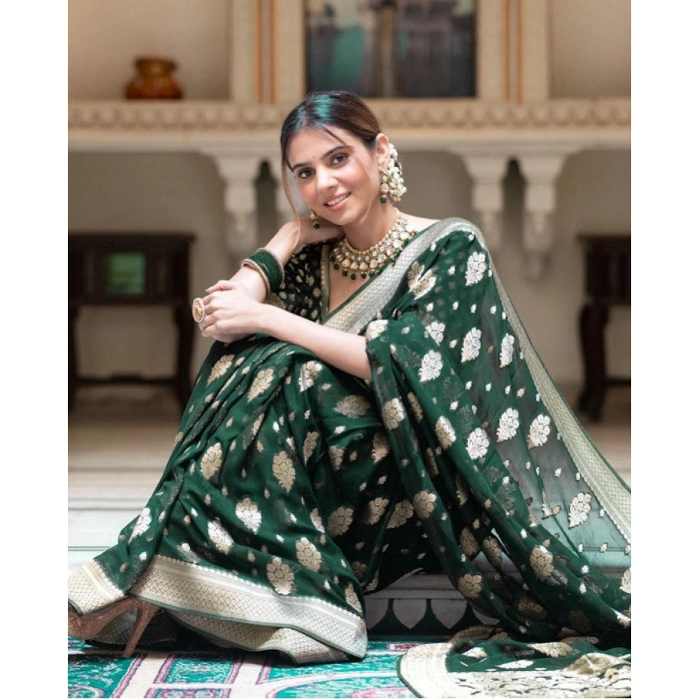 Generic Women's Soft Lichi Silk Printed Saree With Unstitched Blouse 5.5Mtr (Green) Secondary image