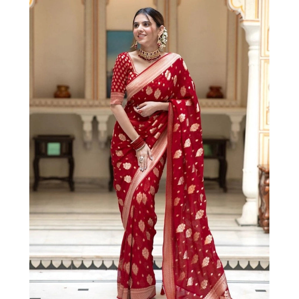 Generic Women's Soft Lichi Silk Printed Saree With Unstitched Blouse 5.5Mtr (Red) Main image