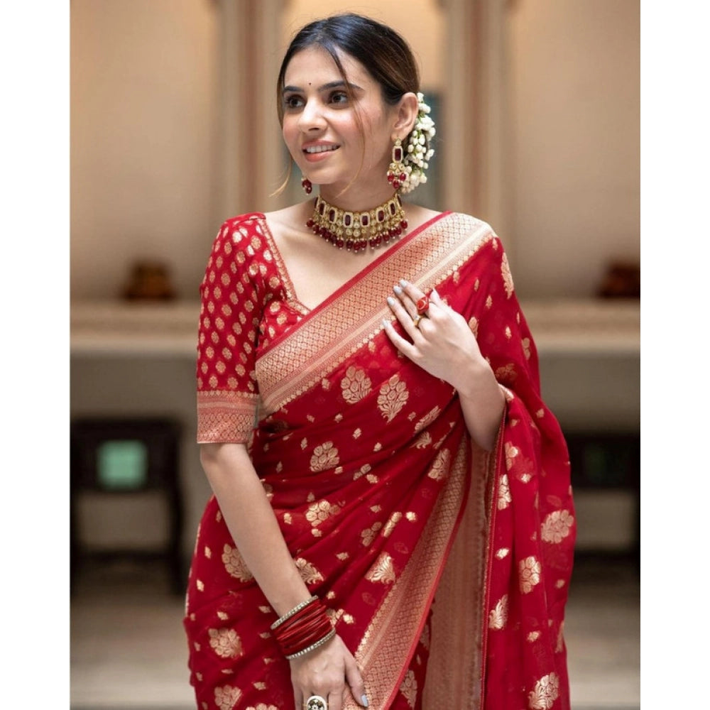 Generic Women's Soft Lichi Silk Printed Saree With Unstitched Blouse 5.5Mtr (Red) Secondary image