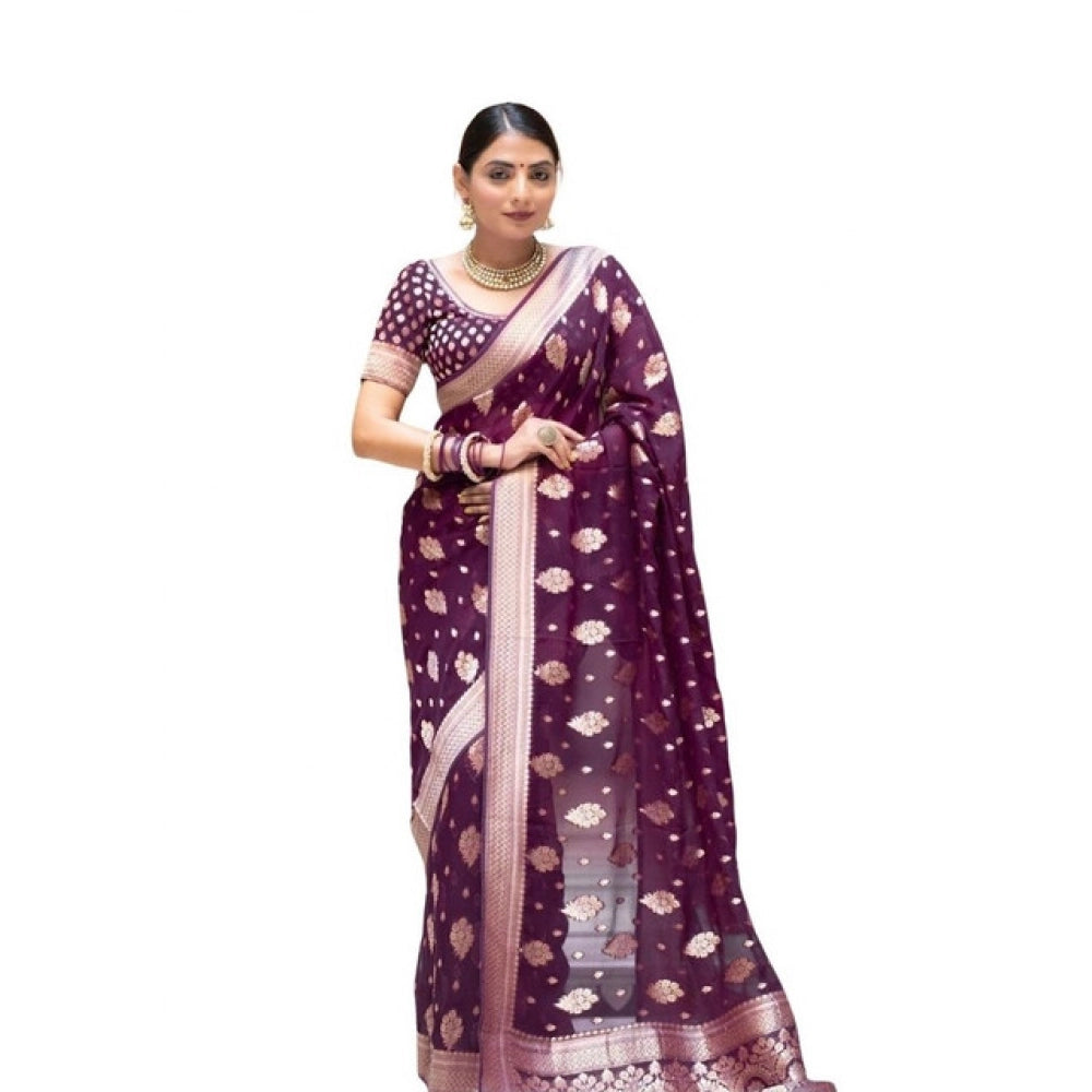 Generic Women's Soft Lichi Silk Printed Saree With Unstitched Blouse 5.5Mtr (Purple) Main image