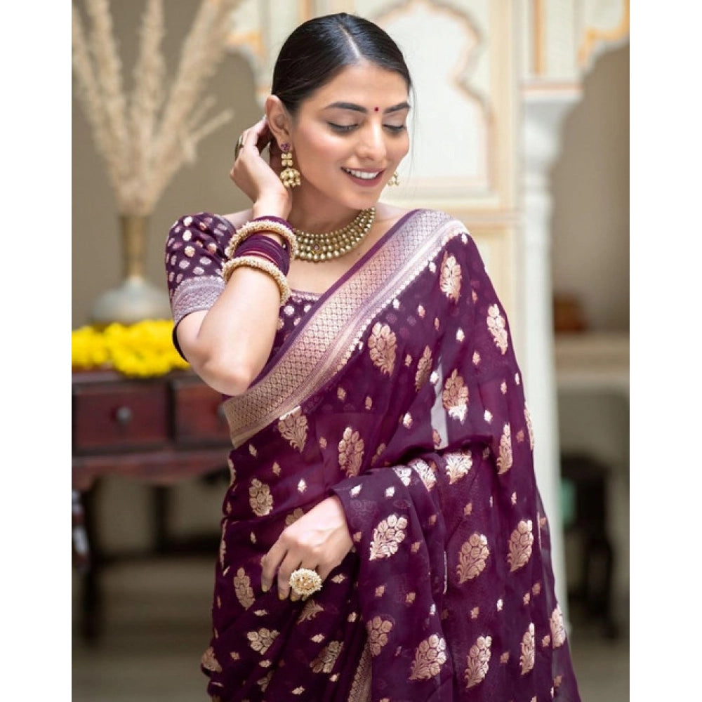 Generic Women's Soft Lichi Silk Printed Saree With Unstitched Blouse 5.5Mtr (Purple) Secondary image