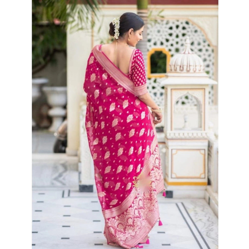 Generic Women's Soft Lichi Silk Printed Saree With Unstitched Blouse 5.5Mtr (Pink) Secondary image
