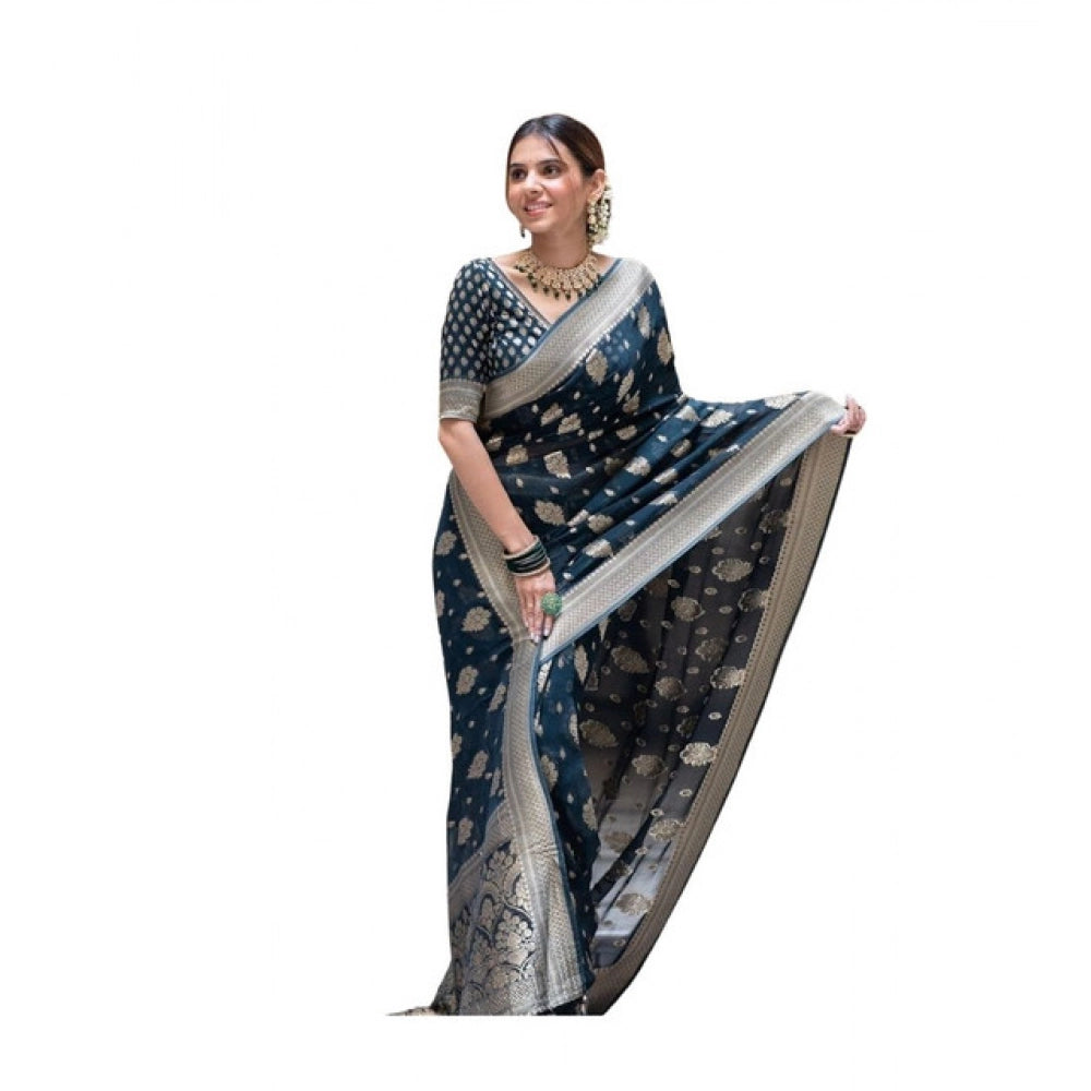 Generic Women's Soft Lichi Silk Printed Saree With Unstitched Blouse 5.5Mtr (Blue) Main image
