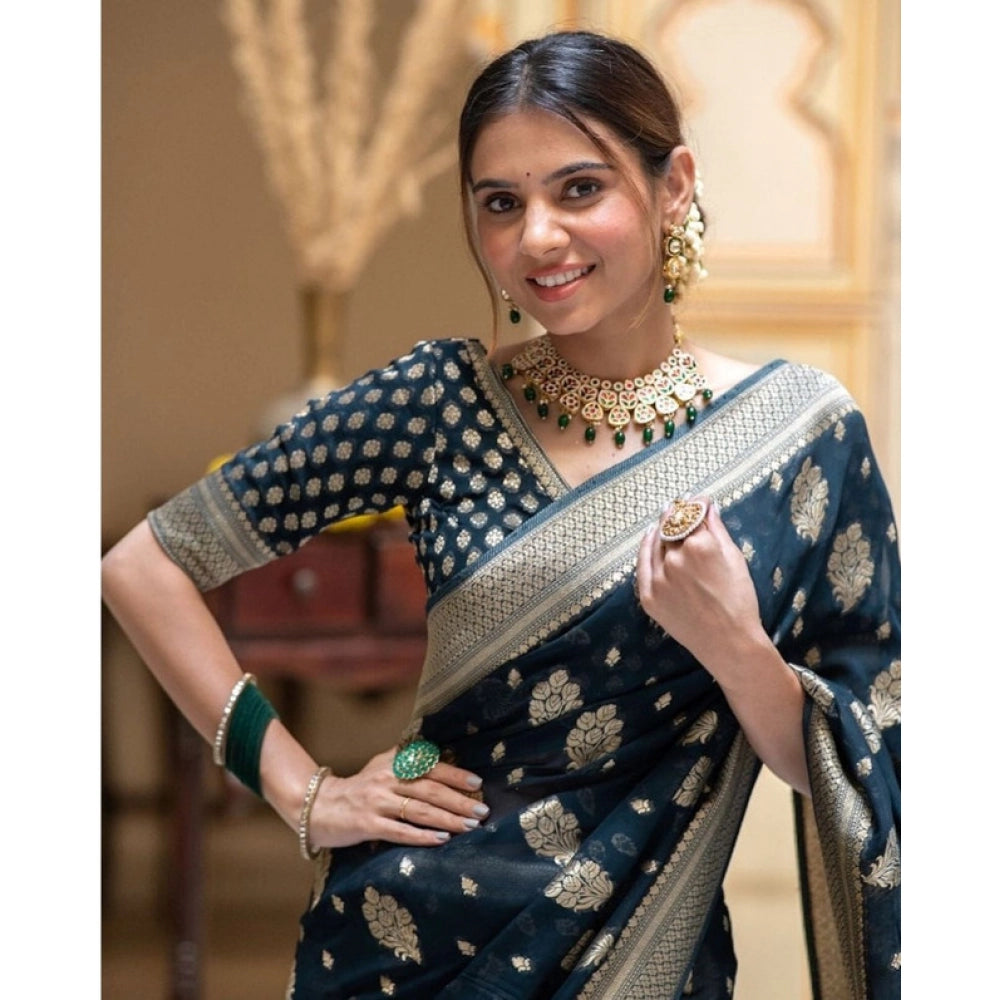 Generic Women's Soft Lichi Silk Printed Saree With Unstitched Blouse 5.5Mtr (Blue) Secondary image