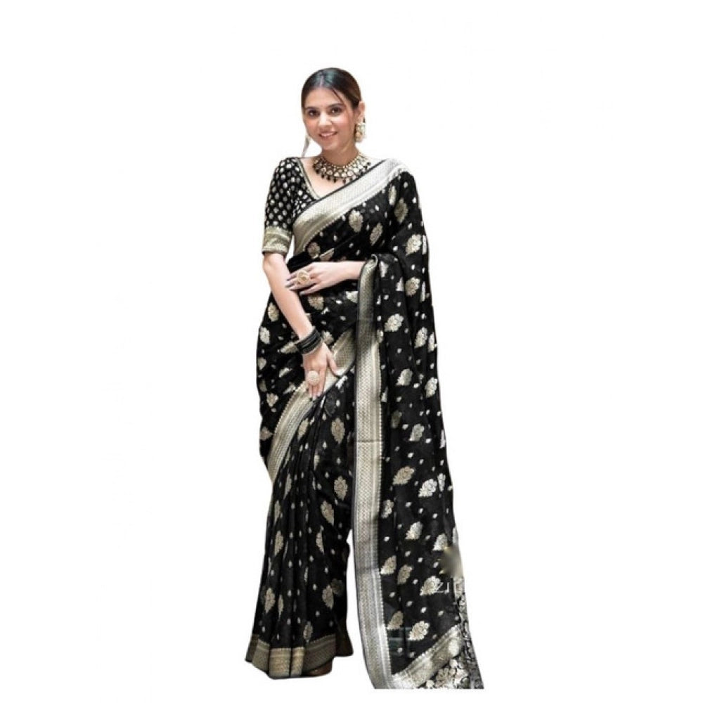Generic Women's Soft Lichi Silk Printed Saree With Unstitched Blouse 5.5Mtr (Black) Main image