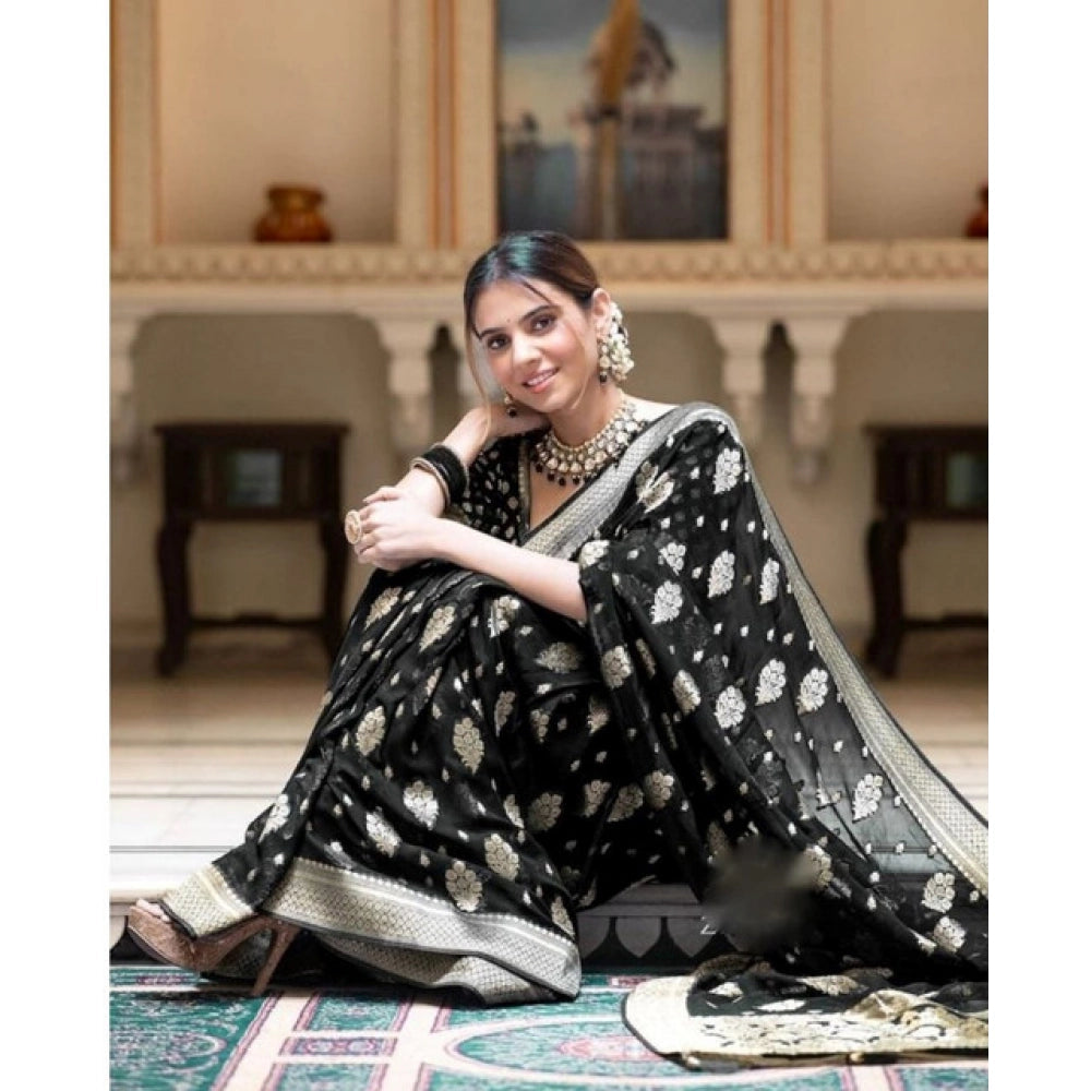 Generic Women's Soft Lichi Silk Printed Saree With Unstitched Blouse 5.5Mtr (Black) Secondary image