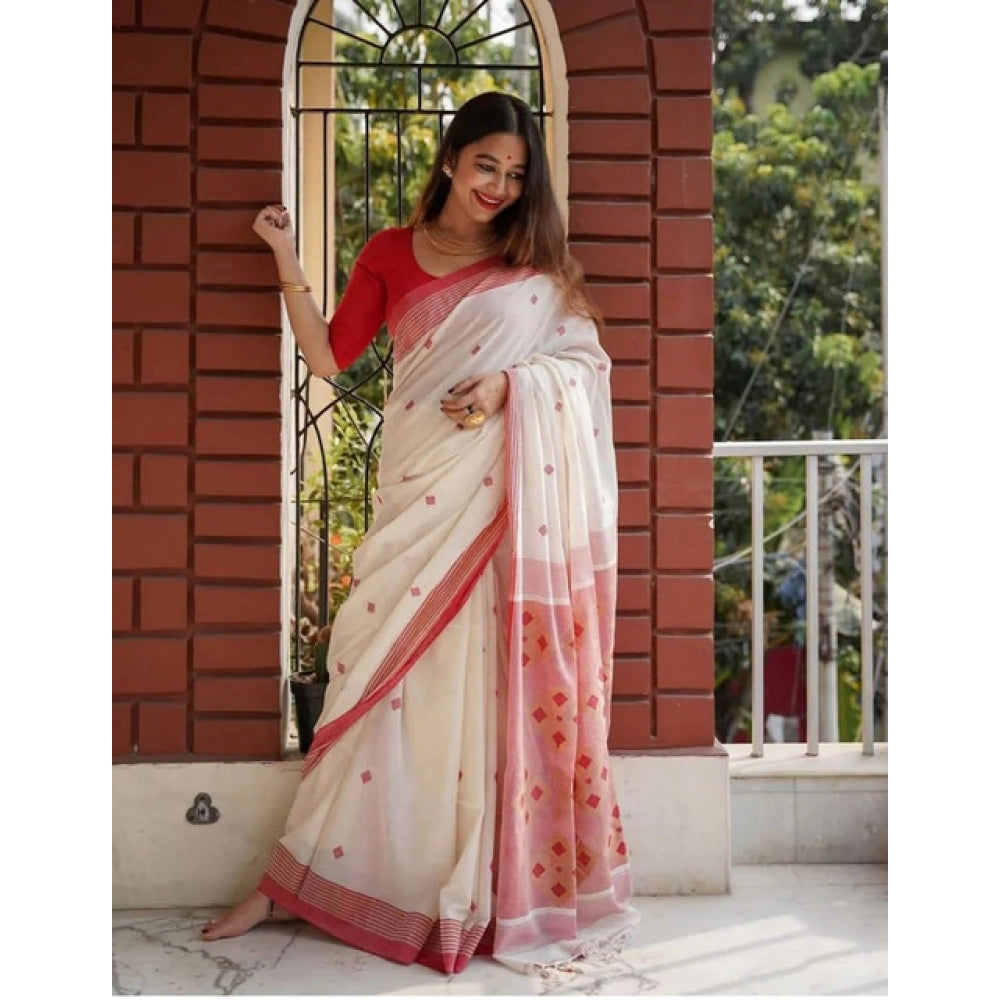 Generic Women's Soft Lilan Printed Saree With Unstitched Blouse 5.5Mtr (White) Secondary image
