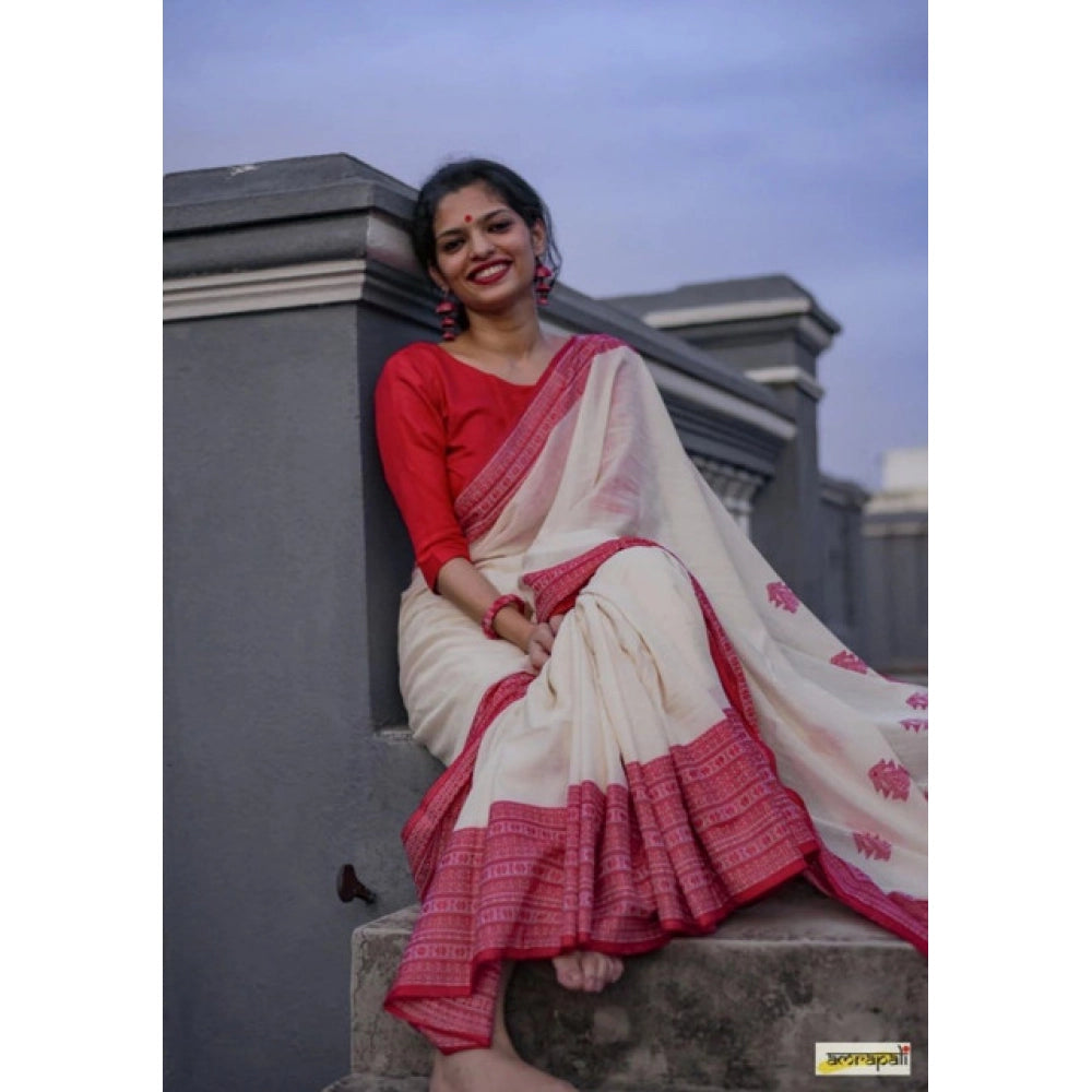 Generic Women's Soft Lilan Printed Saree With Unstitched Blouse 5.5Mtr (White) Secondary image