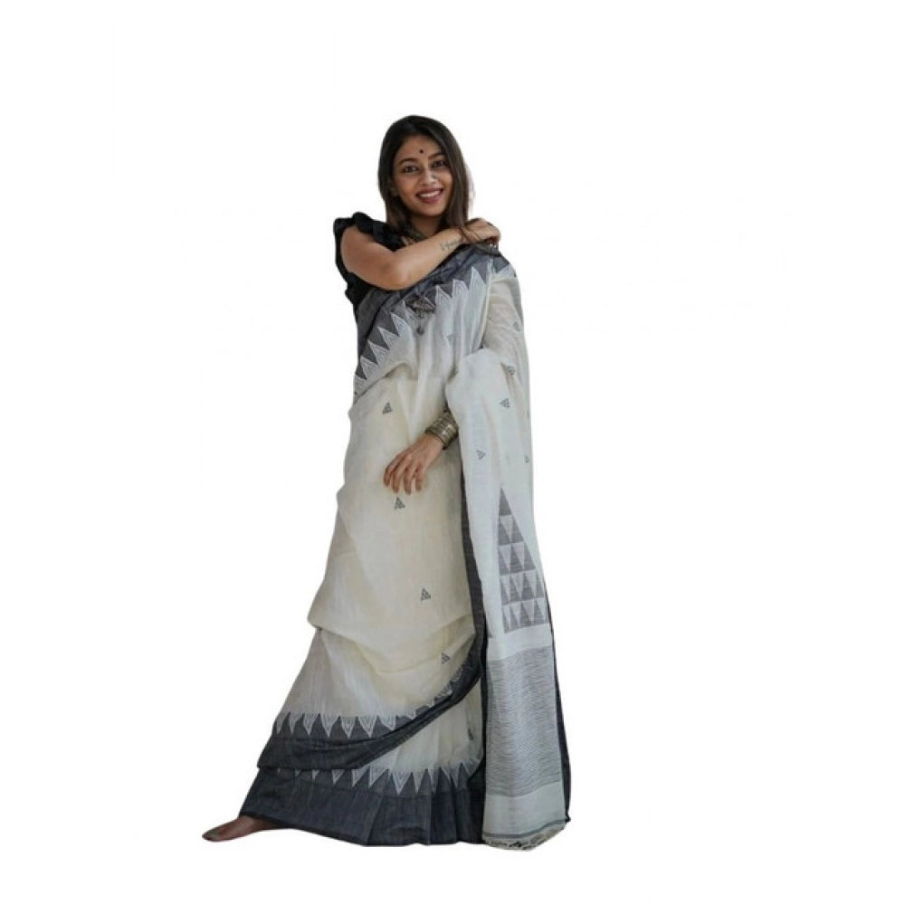 Generic Women's Soft Lilan Printed Saree With Unstitched Blouse 5.5Mtr (White-Black) Main image