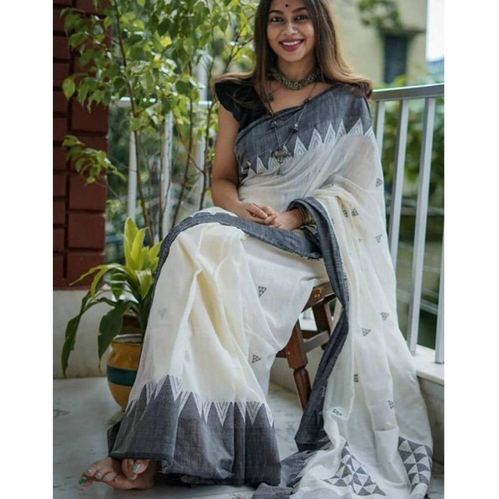 Generic Women's Soft Lilan Printed Saree With Unstitched Blouse 5.5Mtr (White-Black) Secondary image