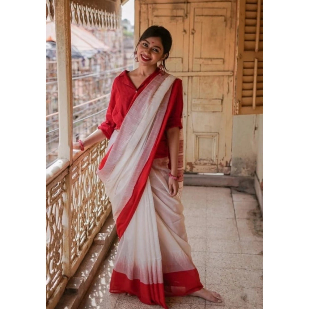 Generic Women's Soft Lilan Printed Saree With Unstitched Blouse 5.5Mtr (White) Main image