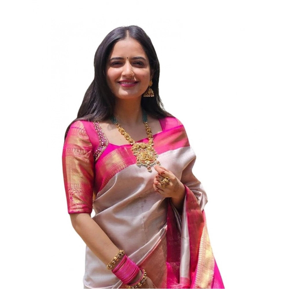 Generic Women's Soft Lichi Silk Printed Saree With Unstitched Blouse 5.5Mtr (Grey) Main image