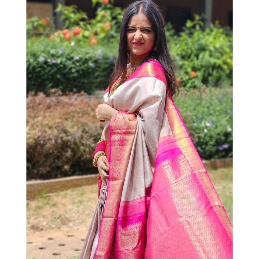 Generic Women's Soft Lichi Silk Printed Saree With Unstitched Blouse 5.5Mtr (Grey) Secondary image