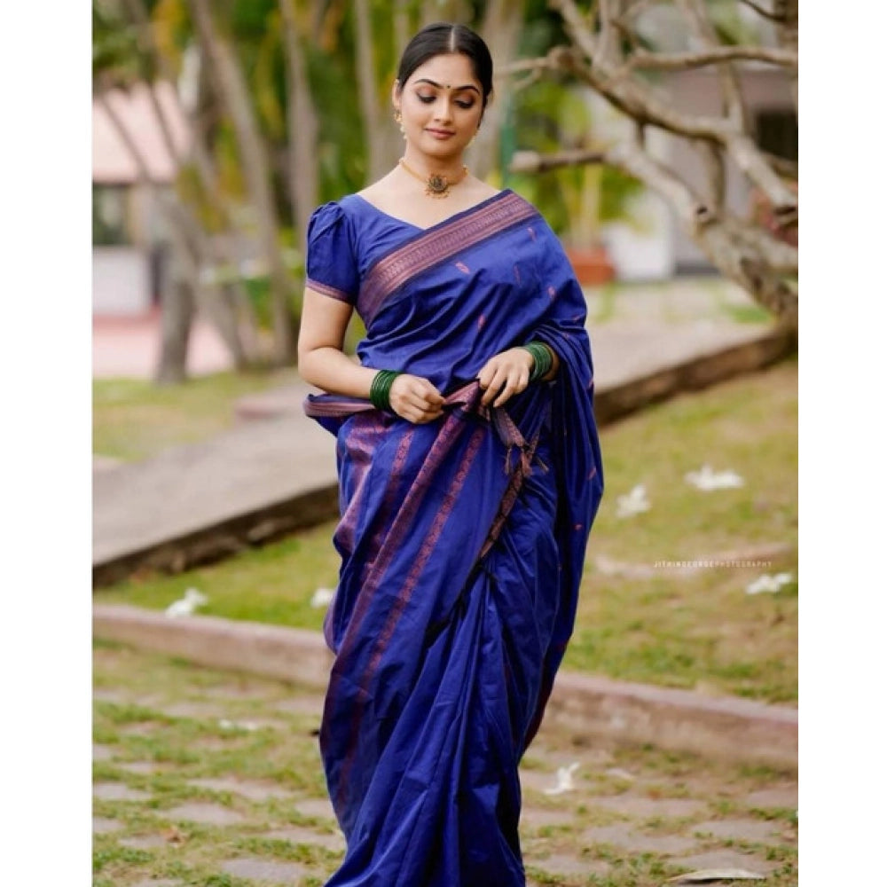 Generic Women's Soft Lichi Silk Printed Saree With Unstitched Blouse 5.5Mtr (Blue) Secondary image