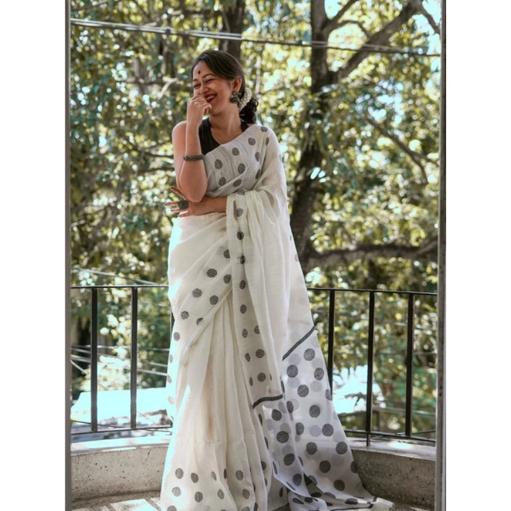 Generic Women's Soft Lilan Printed Saree With Unstitched Blouse 5.5Mtr (White) Secondary image