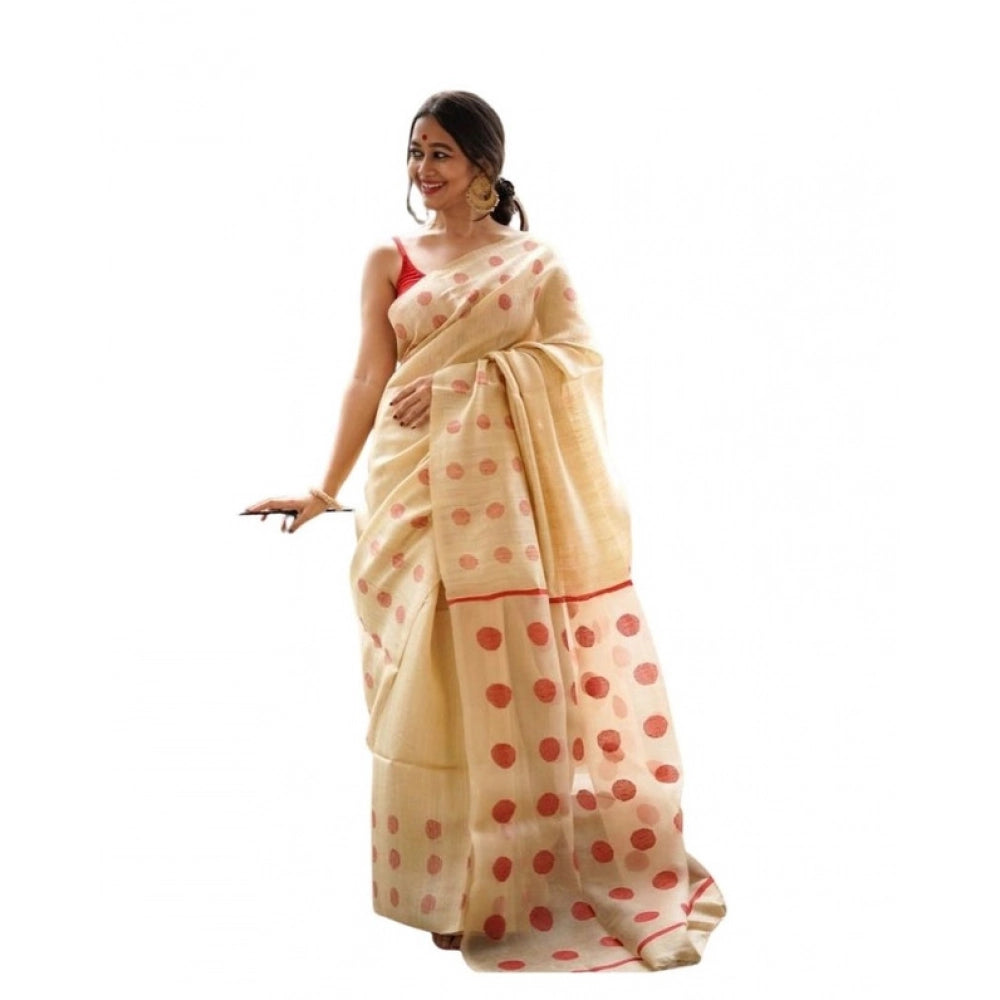 Generic Women's Soft Lilan Printed Saree With Unstitched Blouse 5.5Mtr (Cream) Main image
