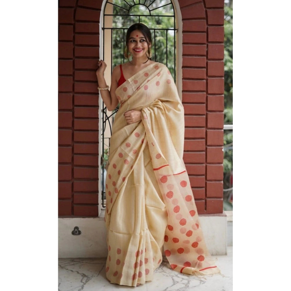 Generic Women's Soft Lilan Printed Saree With Unstitched Blouse 5.5Mtr (Cream) Secondary image