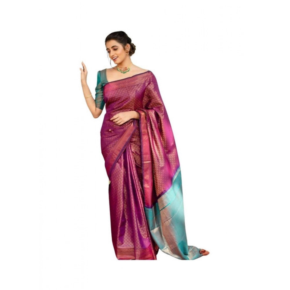 Generic Women's Soft Lichi Silk Printed Saree With Unstitched Blouse 5.5Mtr (Purple) Main image