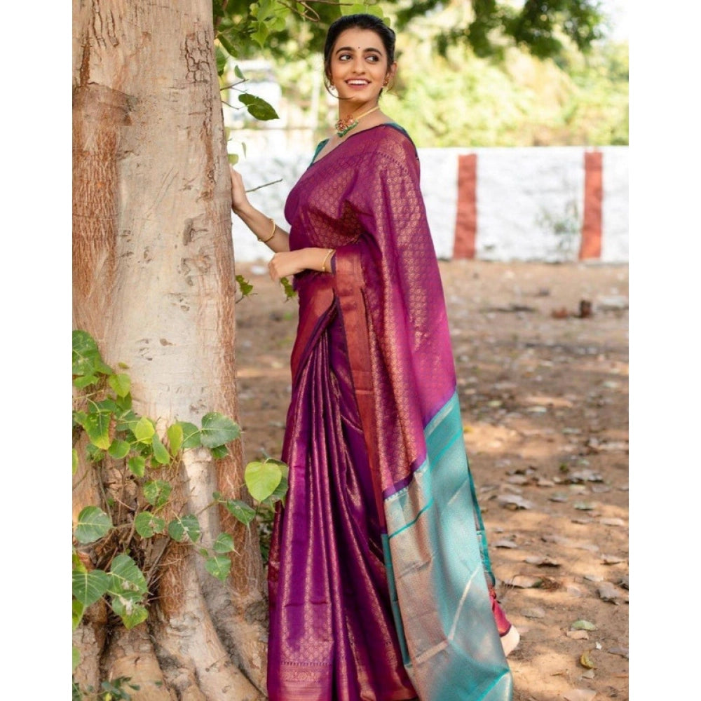 Generic Women's Soft Lichi Silk Printed Saree With Unstitched Blouse 5.5Mtr (Purple) Secondary image