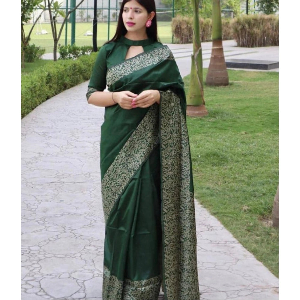 Generic Women's Soft Lichi Silk Printed Saree With Unstitched Blouse 5.5Mtr (Green) Main image