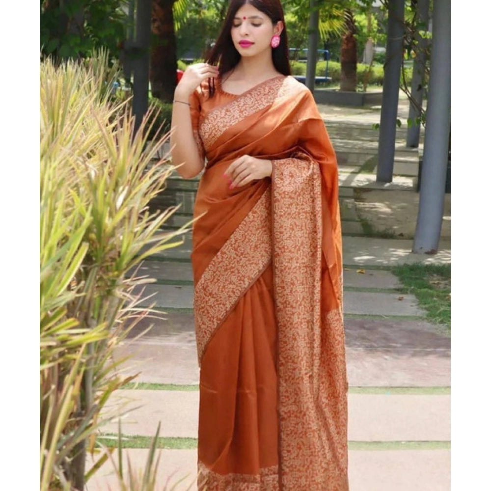 Generic Women's Soft Lichi Silk Printed Saree With Unstitched Blouse 5.5Mtr (Brown) Main image