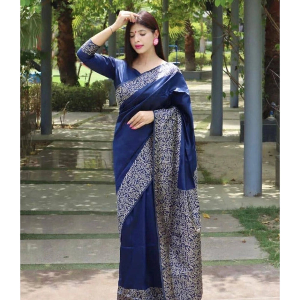 Generic Women's Soft Lichi Silk Printed Saree With Unstitched Blouse 5.5Mtr (Blue) Main image