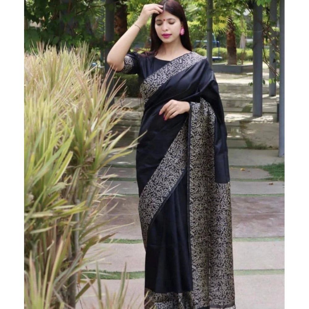 Generic Women's Soft Lichi Silk Printed Saree With Unstitched Blouse 5.5Mtr (Black) Main image