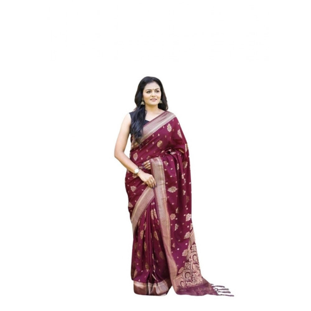 Generic Women's Soft Lichi Silk Printed Saree With Unstitched Blouse 5.5Mtr (Wine) Main image