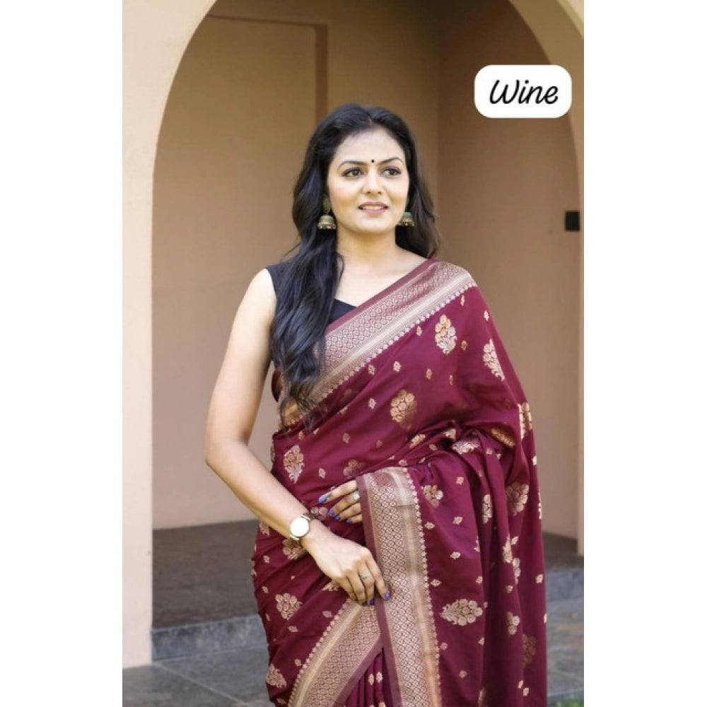 Generic Women's Soft Lichi Silk Printed Saree With Unstitched Blouse 5.5Mtr (Wine) Secondary image