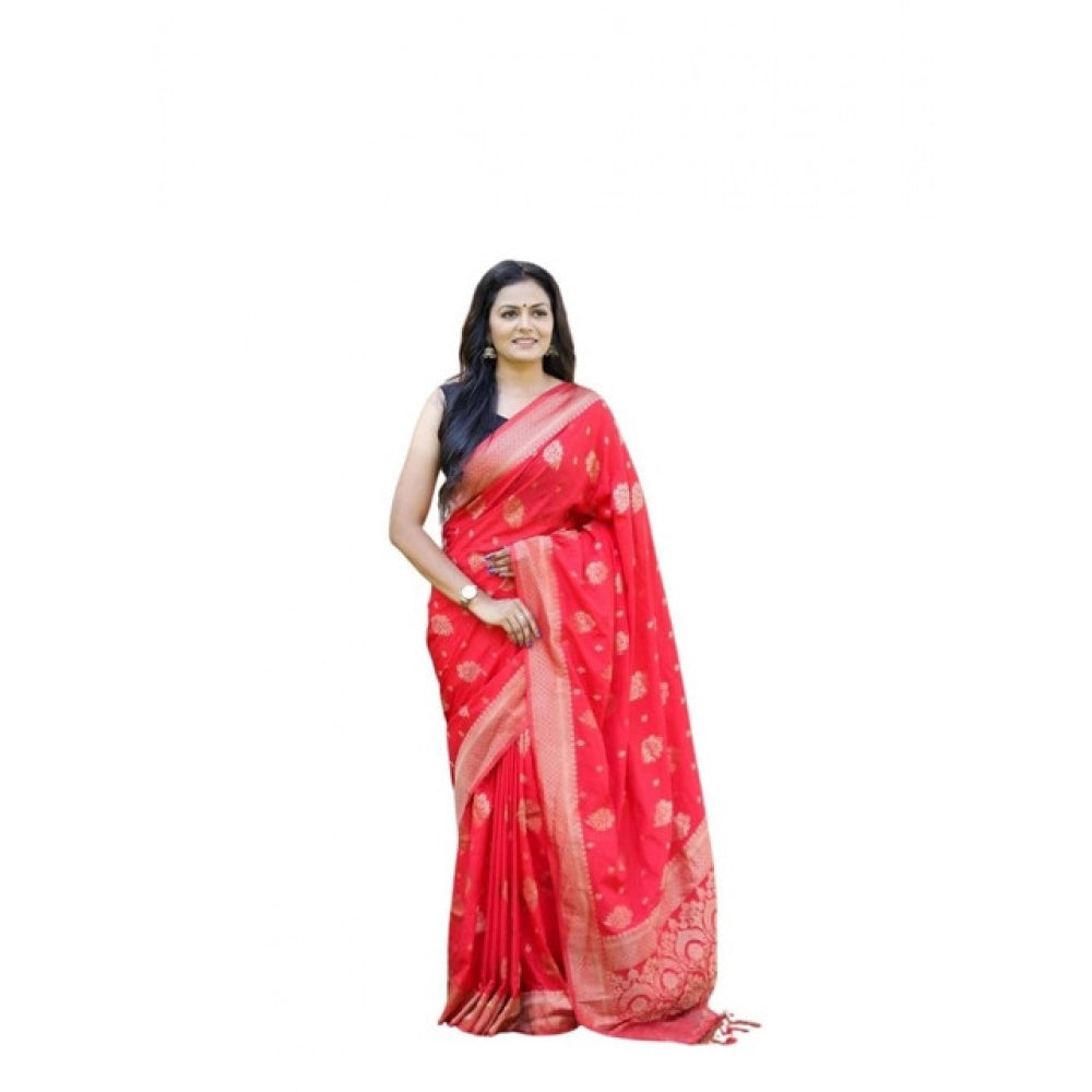 Generic Women's Soft Lichi Silk Printed Saree With Unstitched Blouse 5.5Mtr (Red) Main image