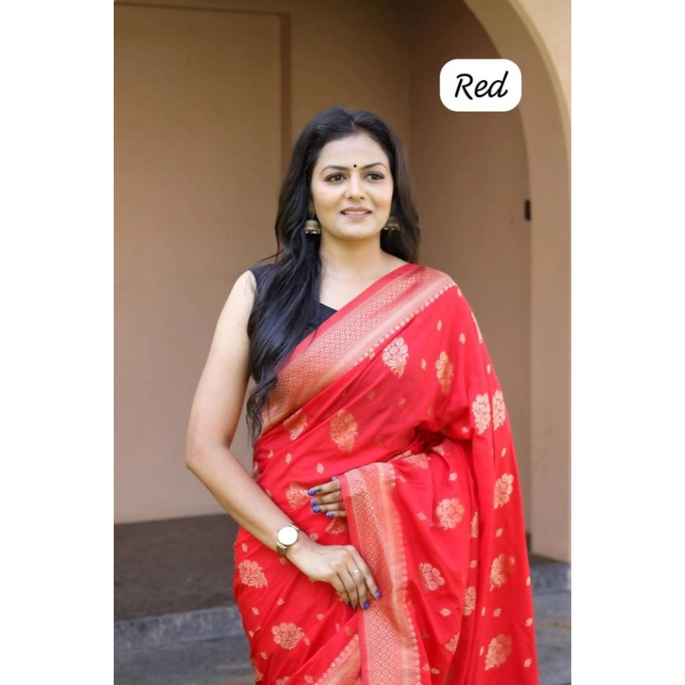Generic Women's Soft Lichi Silk Printed Saree With Unstitched Blouse 5.5Mtr (Red) Secondary image