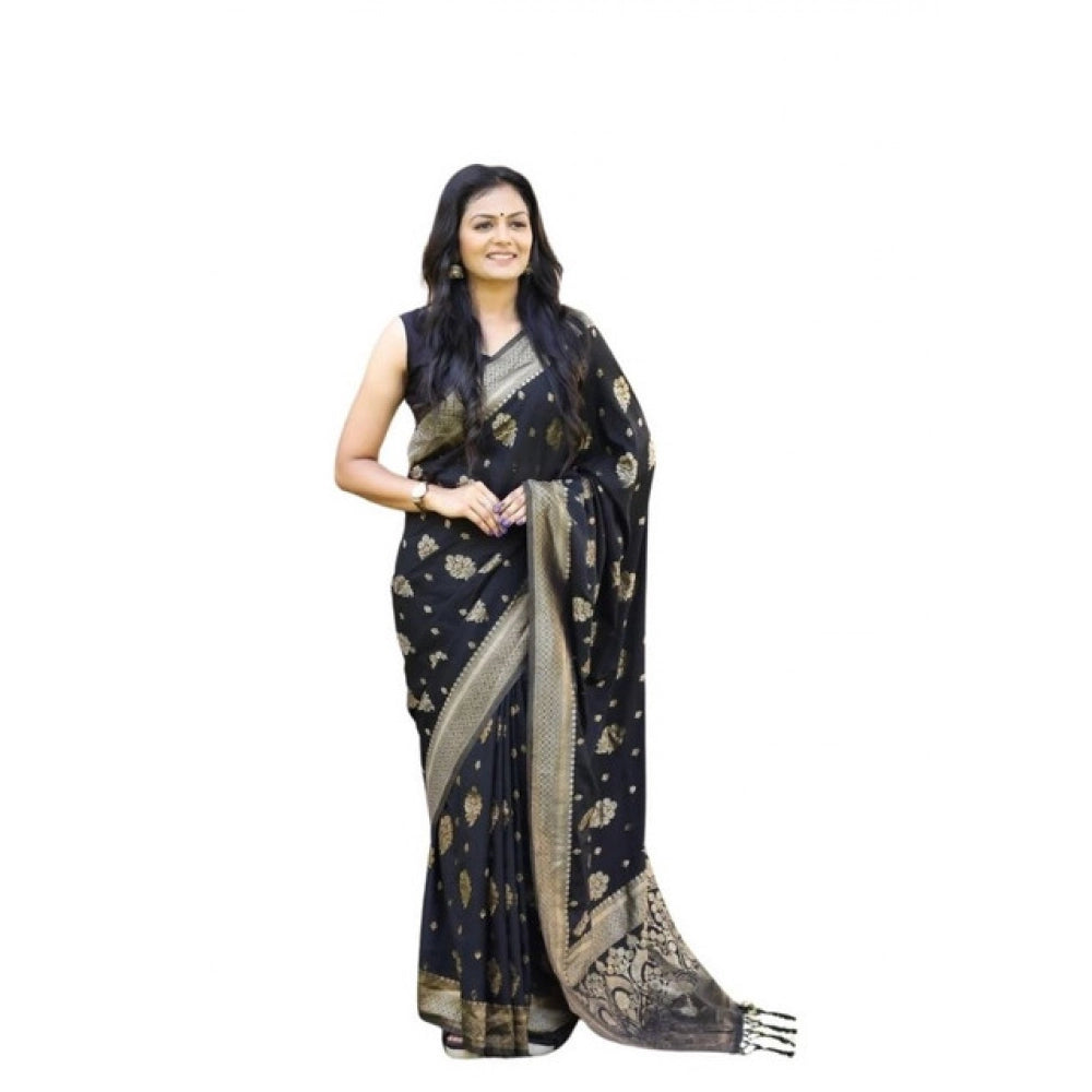 Generic Women's Soft Lichi Silk Printed Saree With Unstitched Blouse 5.5Mtr (Black) Main image