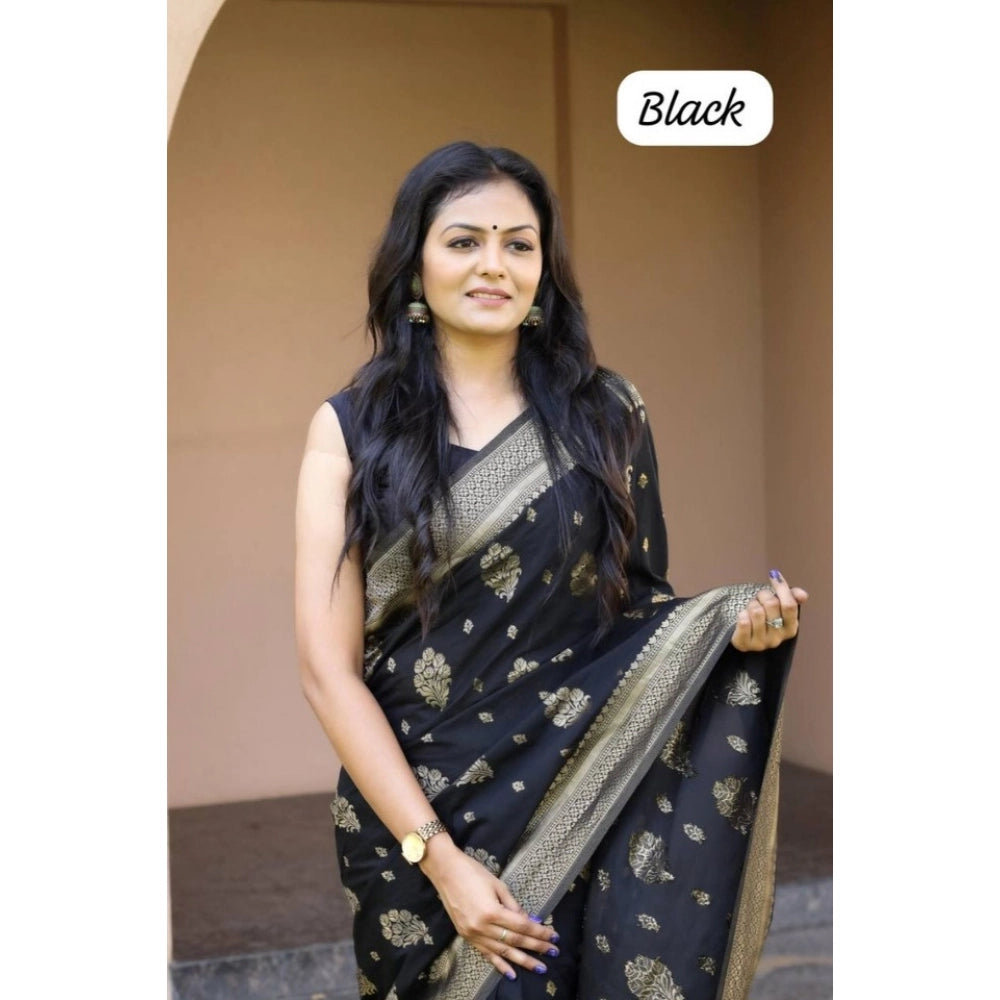 Generic Women's Soft Lichi Silk Printed Saree With Unstitched Blouse 5.5Mtr (Black) Secondary image