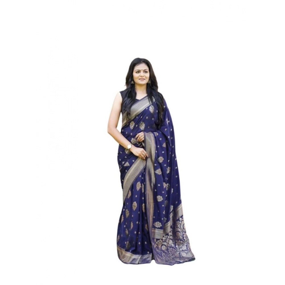 Generic Women's Soft Lichi Silk Printed Saree With Unstitched Blouse 5.5Mtr (Navy Blue) Main image